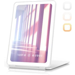 3 x Travel Makeup Mirror with Time & Temperature Display, 2000mAh Rechargeable Battery, 7.5" Portable Foldable Lighted Mirror with 148 Led Lights, 3 Color Lighting Modes, Touch Dimming
