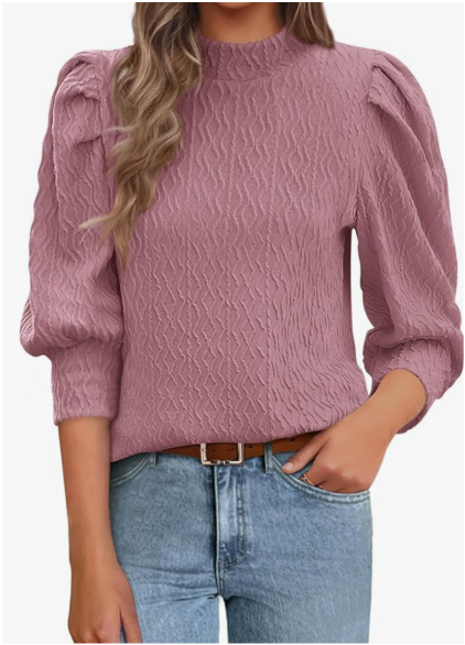 SPRETTYGARDEN Womens Puff 3/4 Sleeve Tops 2025 Trendy Spring Summer Mock Neck Texture Knit T Shirts Work Casual Dressy Blouses, S