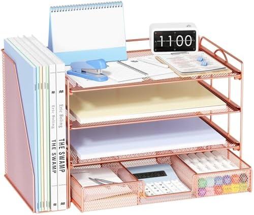 OPNICE Desk Organizers and Accessories, 4-Tier Paper Letter Tray Organizer with Removable File Holder + Drawer, Office Desktop Workspace File Organizer for Office Supplies Desk Accessories (Rose Gold) OPNICE Desk Organizers and Accessories, 4-Tier Paper Letter Tray Organizer with Removable File Holder + Drawer, Office Desktop Workspace File Organizer for Office Supplies Desk Accessories (Rose Gold)