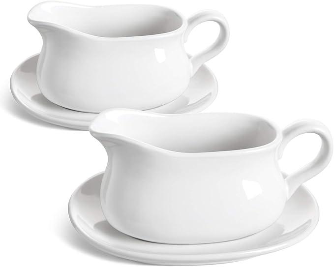 LE TAUCI 17oz Gravy Boat with Saucer Stand, Set of 2, Ceramic Sauce Boat with Tray for Salad Dressings, Creamer, Broth, Black Pepper, White