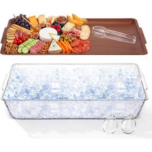 Baderke 1 Set 16" x 9" Chilled Serving Tray for Parties with Compartments, Ice Chilled Party Crudite Platter, Charcuterie Serving Board, Cold Dish Dip Tableware for Seafood Vegetable (Dark Wood)