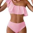 Aidonger Women's High Waisted Bikini Sets One Shoulder Ruffle Two Piece Swimsuit Tummy Control Bathing Suit Pink, Medium 