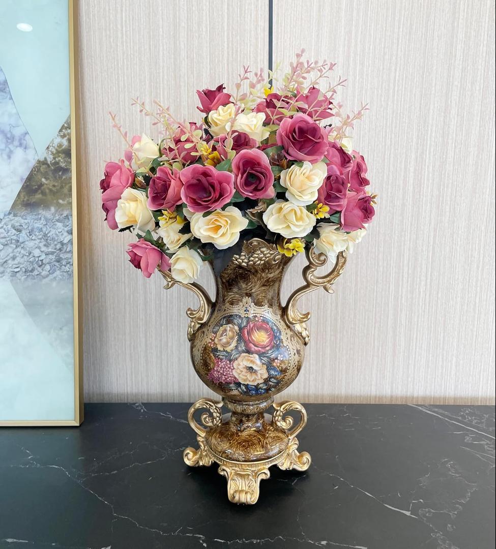 Large Golden Vase and Artificial Flower Set, European Vintage Resin Vase with Floral Arrangement for Various Party Venue Atmosphere, Restaurant, Bedroom, Office Decor