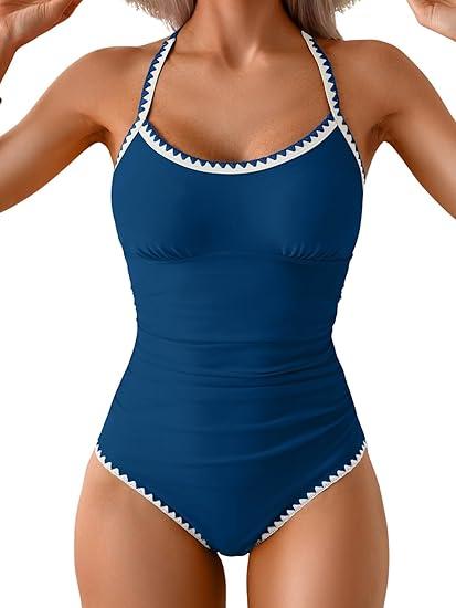 Eomenie Women's One Piece Swimsuit Tummy Control Slimming Bathing Suit Ruched Swimwear Tie Back Shell Stitch Swim Suit XL