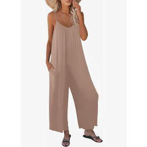Womens Casual Sleeveless Strap Loose Adjustable Jumpsuits Stretchy Long Pants Romper with Pockets S