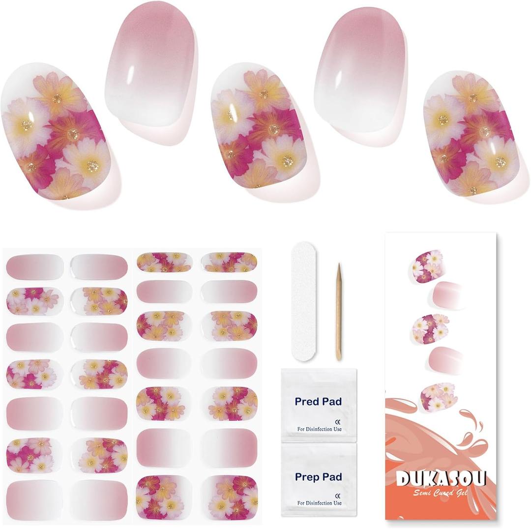 2 x Semi Cured Gel Nail Strips, 28pcs (Pink Daisy) Gel Nail Stickers | Gel Nail Polish Wraps for Women Work with Any UV Lamps, Salon Quality Nails Art Wraps for Home DIY