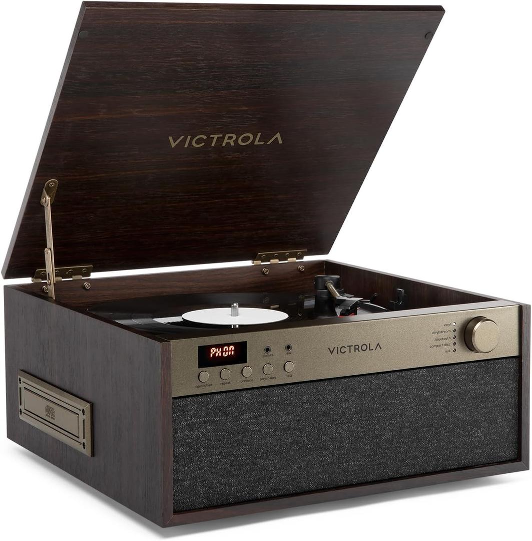 Victrola Century 6-in-1 Vinyl Record Player & Music Center 3-Speed Turntable, CD & Cassette Player, VINYLSTREAM, Bluetooth & 3.5mm Aux, Record Player with Speakers, Mid Century Design (
Espresso
)