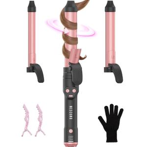 Dual Voltage Automatic Rotating Curling Iron - Meet Mutiple Curl Need, Curling Wand for All Hair Type, Home or Salon, Beginner or Stylist, Lasting All Day, No Heat Damage, 100-110V/220-240V for Travel (Blush Red)