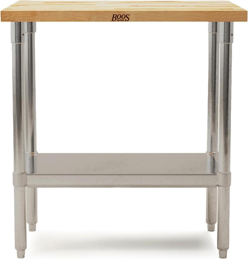 John Boos Maple Wood Top Work Table, 36x24x36 1.5 Thick Tabletop, 68-lb Kitchen Station with Wooden Edge-Grain Table & Steel Base, & Adjustable Shelf