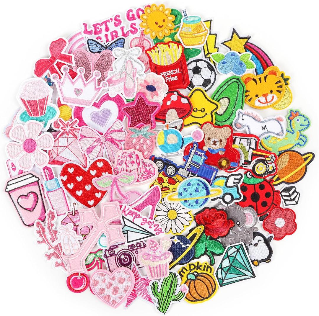 NICEVINYL Iron on Embroidery Patches for Backpacks: 70PCS Random Assortment Vibrant Designs Patch for Clothing Bag Hats Jackets Decor - Colorful and Pink Patches Sew On Appliques for DIY Craft