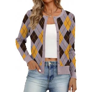 Women's Cardigan Sweaters Lightweight Crew Neck Button Down Long Sleeve Spring Outfits Fashion Clothing 2026 (X-Large, Grey Argyle)