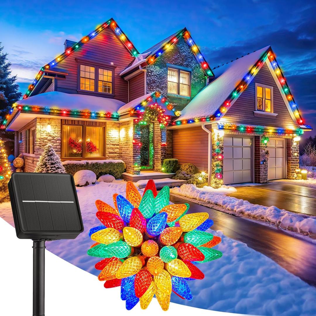 Solar Christmas Lights Outdoor, 50 LED C9 Strawberry String Lights with Timer & 8 Light Mode, Waterproof Solar Christmas Tree Lights for Outside Garden Patio Party Christmas Decoration, Multicolor