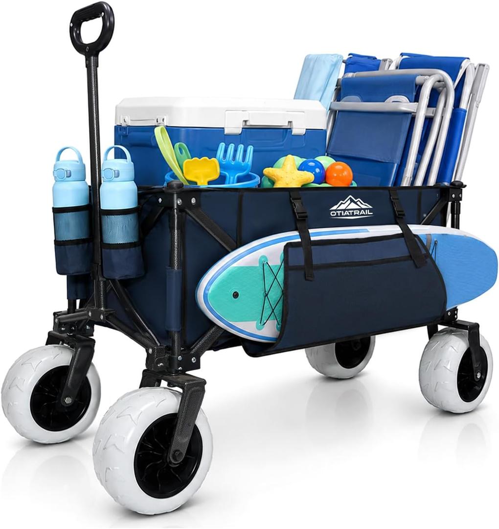 X800 200L Foldable Beach Wagon with 9" Flat-Free PU Wheels, Heavy Duty Utility Wagon Cart for Beach, Camping, Sports, Shopping, Garden, Navy Blue