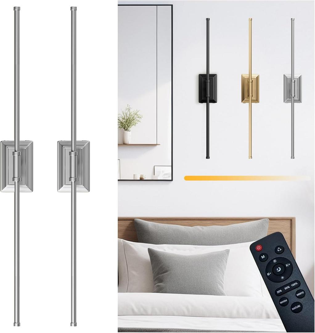 Battery Operated Wireless Wall Sconce - Modern Rechargeable Led Sconces in Black Gold Silver - Bedroom Decor Lights Set of 2 - Long Indoor Living Room Bathroom Remote Wall Light