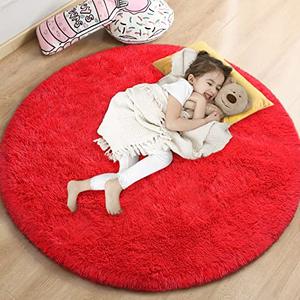 Gifeas Red Round Rug for Girls Bedroom, Fluffy Circle Carpet 46'' for Kids Room Decor Shaggy Circular Rug for Baby Nursery Dorm Upgrade Fuzzy Plush Rug for Living Room Cute Room Decor for Teens Baby