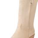 Reitoye Women's Embroidered Western Cowboy Boots Mid Calf Chunky Heel Pull-Up Tabs Classic Cowgirl Boot (6, Beige)