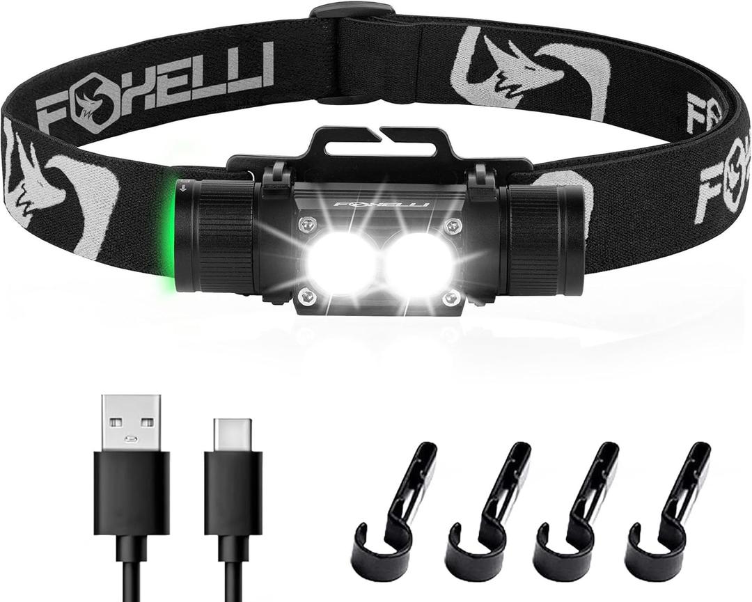 Foxelli Ultra Bright Rechargeable Headlamp – 18650 Battery, IPX7 Waterproof, 1200 Lumen LED Light for Work & Outdoors, with Battery & Hooks - Perfect for Hard Hat or Helmet