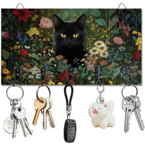 Black Cat Wildflowers Key Holder Key Hooks Wall Mounted Wooden Key Racks with 5 Hooks Key Storage Organizer House Key Hanger for Wall Decor Front Door Entryway Hallway Kitchen New Home Gift