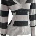 RoseSeek Women's Striped Sweaters Hooded V Neck Fitted Jumper Long Sleeve Pullover Tops 2000s Fall Outfits (Gray, S)