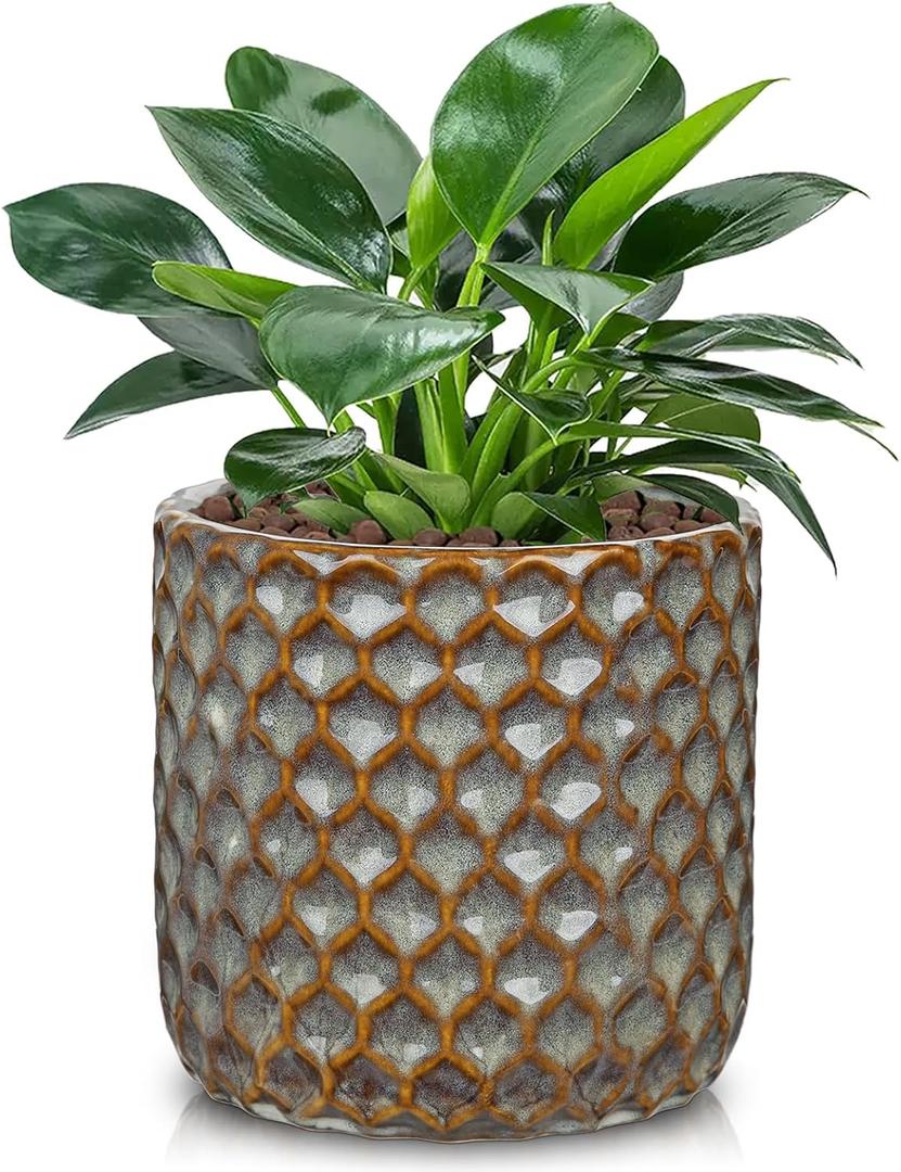 Oairse Small Ceramic Pots for Plants, 5.3 inch Brown Plant Pot Indoor with Drainage Ceramic Planters for Indoor Plants Succulent Planters Decorative Flower Pots for Cactus, Snake Plant, Herb