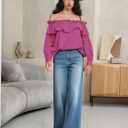 Prettywear Women's Sexy Off Shoulder Tops Long Sleeve Ruffle Blouse Flowy Going Out Shirt Oversized (Medium)