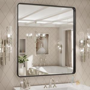 LOAAO 32x36 Inch Black Metal Framed Bathroom Mirror for Wall, Matte Black Bathroom Vanity Mirror Farmhouse, Large Rounded Rectangle Mirror, Anti-Rust, Tempered Glass, Hangs Horizontally or Vertically
