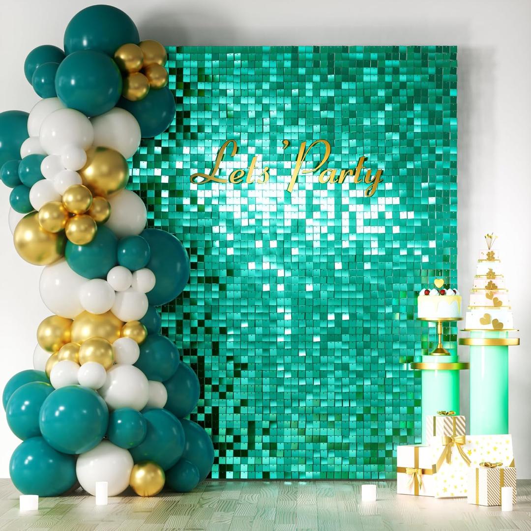 COKAOBE Emerald Green Shimmer Wall Backdrop, 24PCS Square Sequin Shimmer Backdrop Panel, Photo Backdrops for Birthday, Anniversary, Wedding, Graduation & Bachelorette Party Decoration