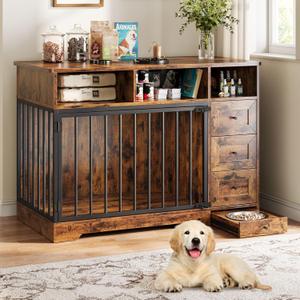 48'' Dog Crate Furniture, Farmhouse Heavy Duty Dog Kennel with Bowl & Storage Drawers, Medium Dog Cage End Table for Small Medium Dogs, Retro Brown