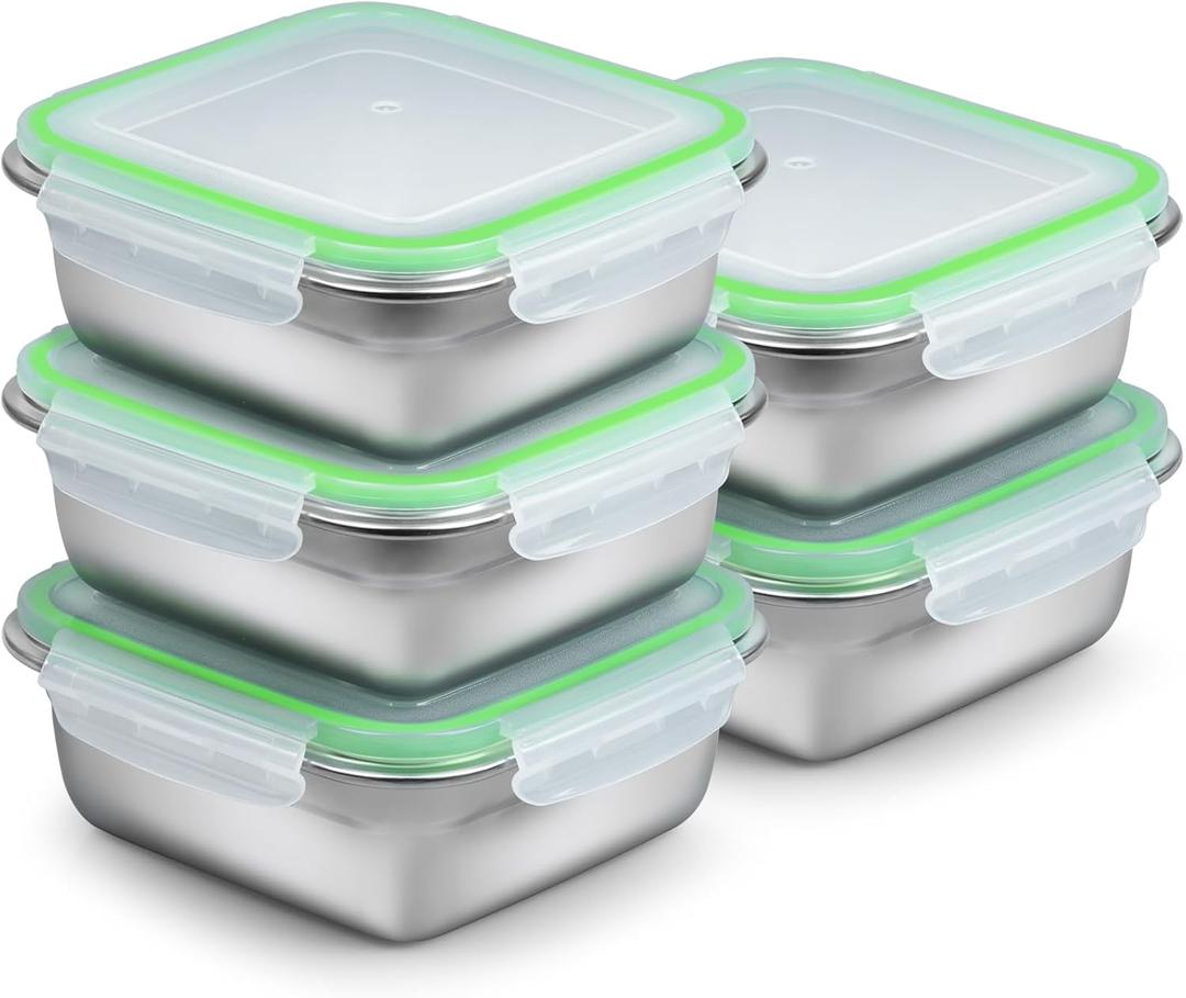 5 Pack Sandwich Containers, 24oz Stainless Steel Sandwich Box with Airtight Lids, Reusable Metal Meal Prep Lunch Boxes, BPA-Free, Dishwasher Safe, Food Storage Containers for Families (Green)