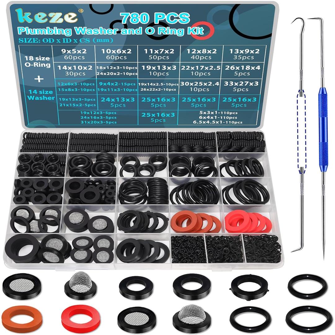 KEZE 780 PCS Rubber Washer Assortment Kit 14 Size Water Hose Washers and 18 Size Nitrile O Ring Washers Set for Outside Faucet Spigot Garden Hose Pressure Washer Plumbing Repair OD 5-33MM