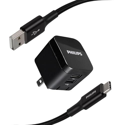 Philips USB Wall Charging Kit, 12W USB A to C Charger Block with 6ft Braided Cord Foldable Plug DLP6212C/37