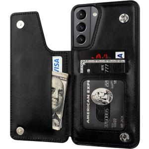 ONETOP Compatible with Samsung Galaxy S21 Wallet Case with Card Holder, PU Leather Kickstand Card Slots Case, Double Magnetic Clasp and Durable Shockproof Cover 5G 6.2 Inch(Black)