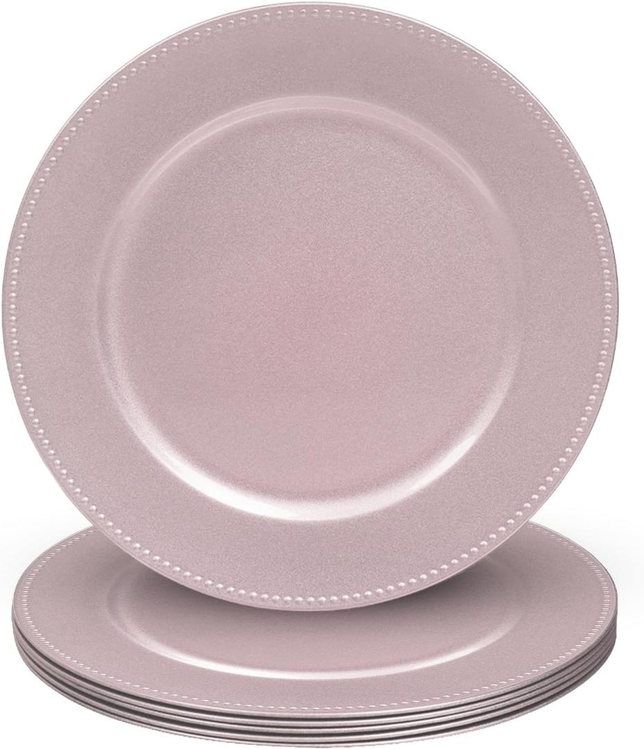 MAONAME 13" Pink Charger Plates, Plastic Plate Chargers with Beaded, Round Charger for Dinner Plates, Plate Chargers for Wedding, Table Decor, Set of 6