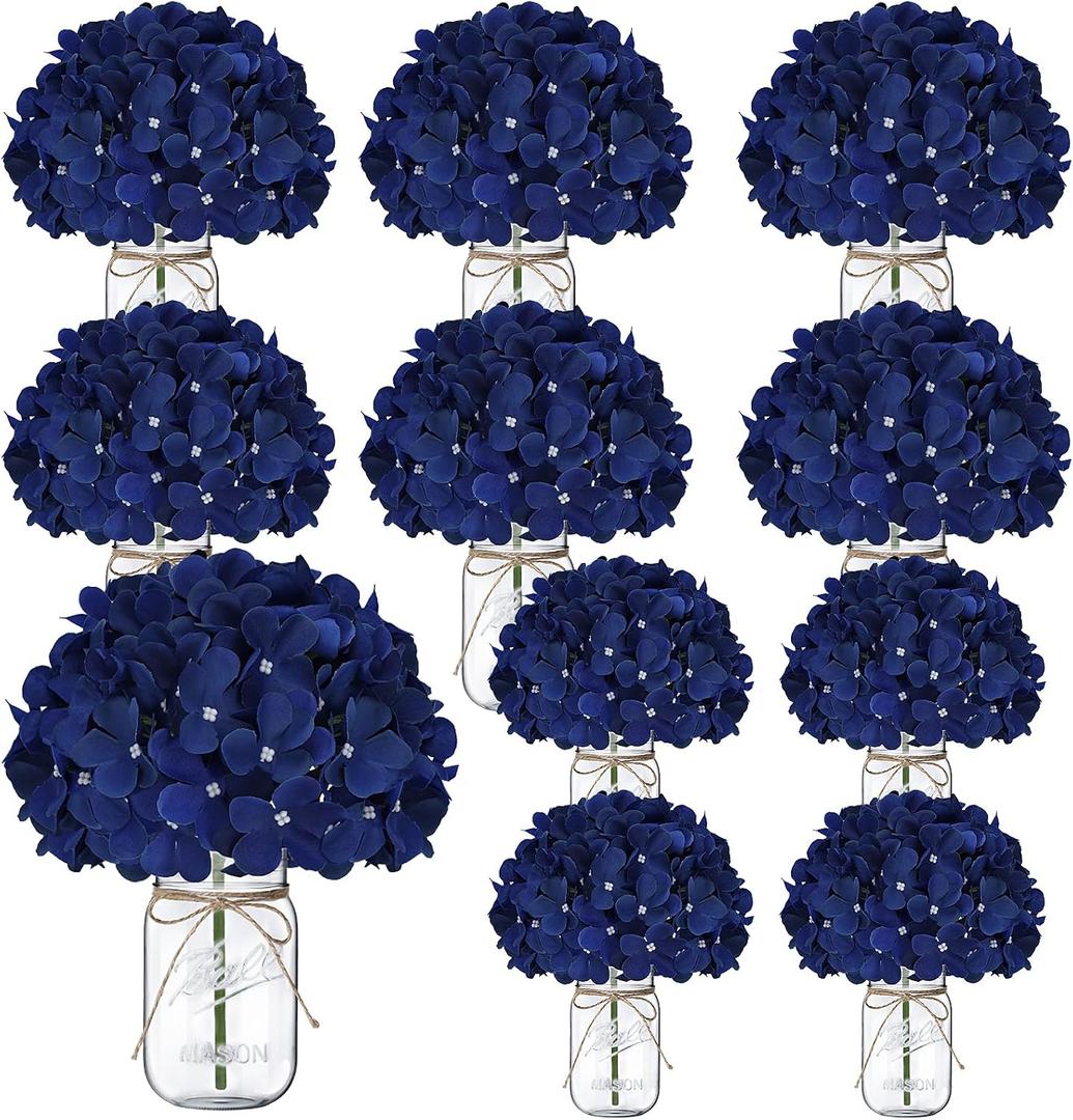 Mason Jars with Hydrangea, 10 Set Artificial Flower Table Centerpieces Glass Flowers Vases Decor for Home Wedding Farmhouse Bridal Shower Graduation Boho Decorative(Royal Blue)
