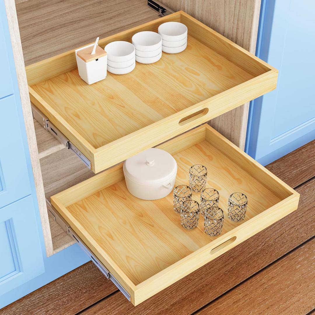 Pull Out Cabinet Organizer, 1PC 30 W x 21 D Soft Close Slide Out Wood Drawer Storage Shelves for Kitchen, Base Cabinet Organization for Pantry, Finished, Heavy-Duty, Bottom Assembly (30W x 21D)