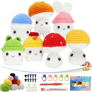 WUEURU 7 PCS Crochet Kit for Beginners,Crochet Starter Kits for Adults,Craft Knitting Crocheting Kits,Mushroom with Step-by-Step Video Tutorials