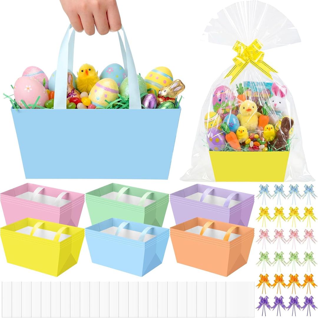 Funnymoom 24 Pcs Pastel Basket for Gifts Empty Pink Pastel Color Gift Basket Empty to Fill with Handle, Transparent Bag and Bow for Spring Summer Wedding Birthday Tea Party Favor Supply, 9.8x6.5'' (Vivid)