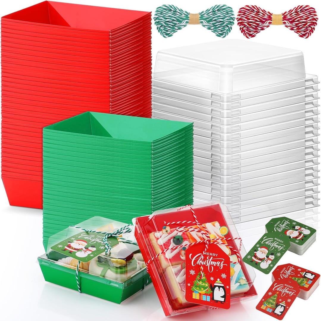 Yaomiao 100 Pcs Christmas Charcuterie Boxes with Ropes Cards, Christmas Food Box with Clear Lids, Disposable Paper Bakery Square Dessert Containers for Xmas Party Favor Cookie Cake Sandwich (Classic)