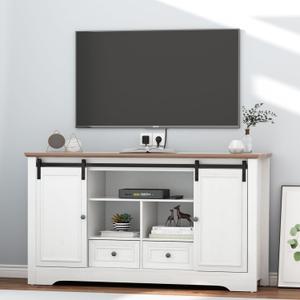 Farmhouse TV Stand for 60 Inch TV, 30" Tall Entertainment Center with 2 Drawers & Sliding Barn Door, Rustic Media Console with Storage Shelves, 55" Wood Television Stand for Living Room, White
