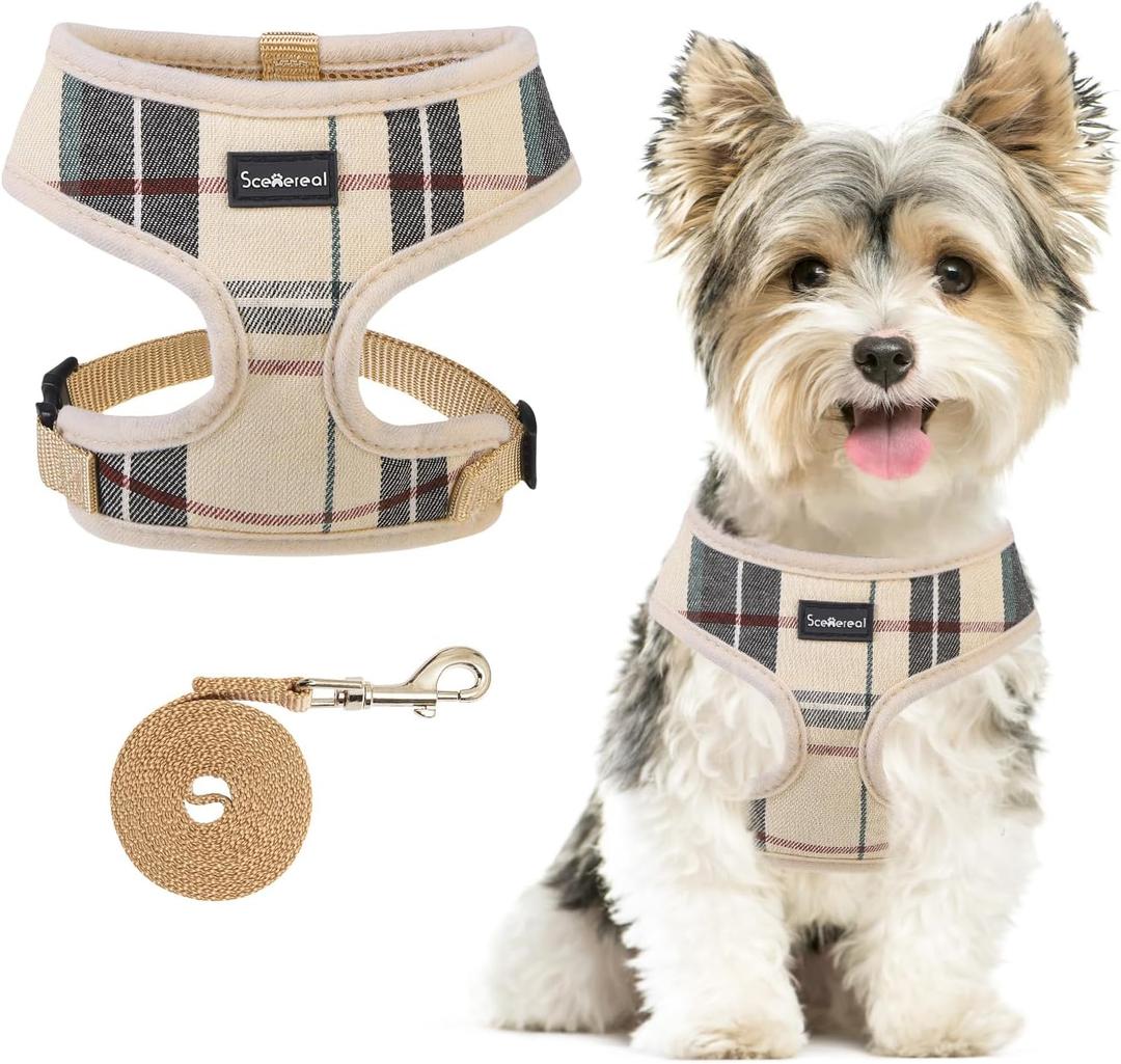 SCENEREAL Puppy Dog Harness with Leash Set for Small Medium Dogs, Soft Mesh Step in Pet Harnesses and Leash, No Chock Plaid Adjustible No Pull Vest (XS: Chest Girth: 10"-14", Beige)
