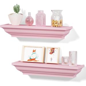 Alsonerbay Floating Shelves Wall Mounted Set of 2, Rustic Shelves for Wall Storage, 17 Inch Wood Shelves for Bedroom Living Room Bathroom, Pink (3 Inch Height)