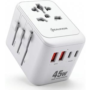 Realmade 45W Universal Travel Adapter with PD Fast Charging, 5-Port (1 AC/2 USB-A/2 USB-C) European Travel Plug Adapter, Type C/G/I/A, White