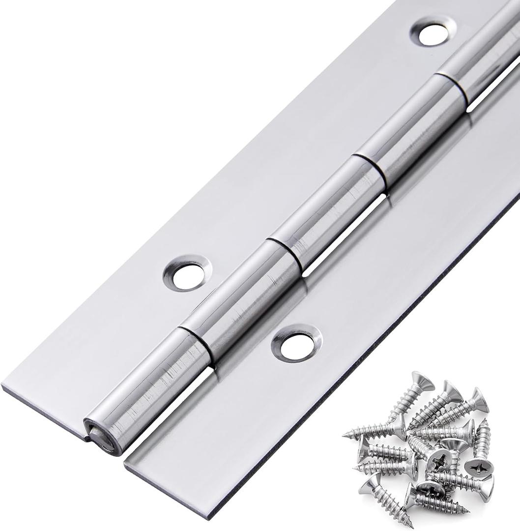 Heavy Duty Piano Hinge 48 Inch x 1.5 Inch Stainless Steel Continuous & Piano Hinges with Holes, 48" Continuous Hinges for Cabinet, Door, DIY Wood Boxes, 0.060" Leaf Thickness, 1.5" Open Width