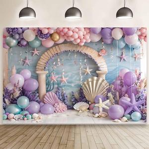 MEHOFOND 8x6ft Under The Sea Photography Background Purple and Pink Balloon Princess Girls Birthday Party Decorations Starfish Shells Ocean Girls Baby Shower Banner Cake Smash Decor Photo Booth Props