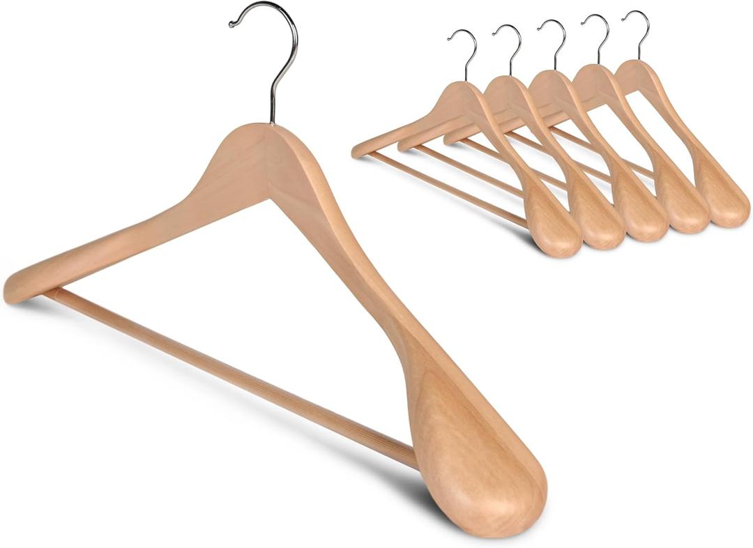 StorageWorks Wooden Hangers 6 Pack, Extra Wide Shoulder Wood Coat Hanger for Coats, Shirts, Jackets, Pants, Suits, Natural Wood Color