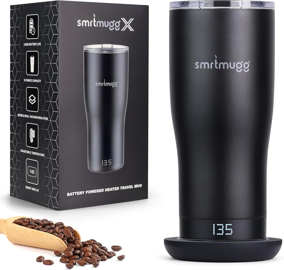 X Heated Coffee Mug 19 oz., 8 Hour Battery Life, Self-Heating, Adjustable Temp Controlled, LCD Screen, One Button Temperature Adjustment, Includes Cover with Magnetic Slider (Black) (Black)