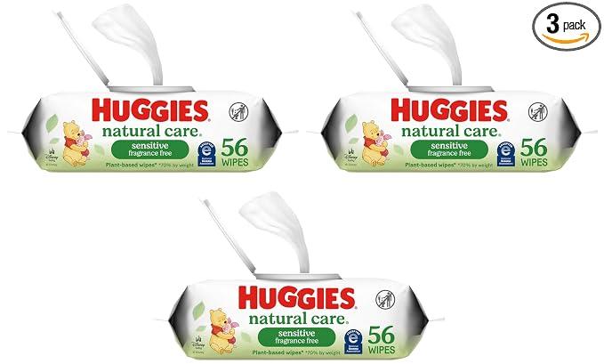 Huggies Natural Care Sensitive Baby Wipes, Unscented, Hypoallergenic, 99% Purified Water, 1 Flip-Top Pack (56 Wipes Total) (Pack of 3)
