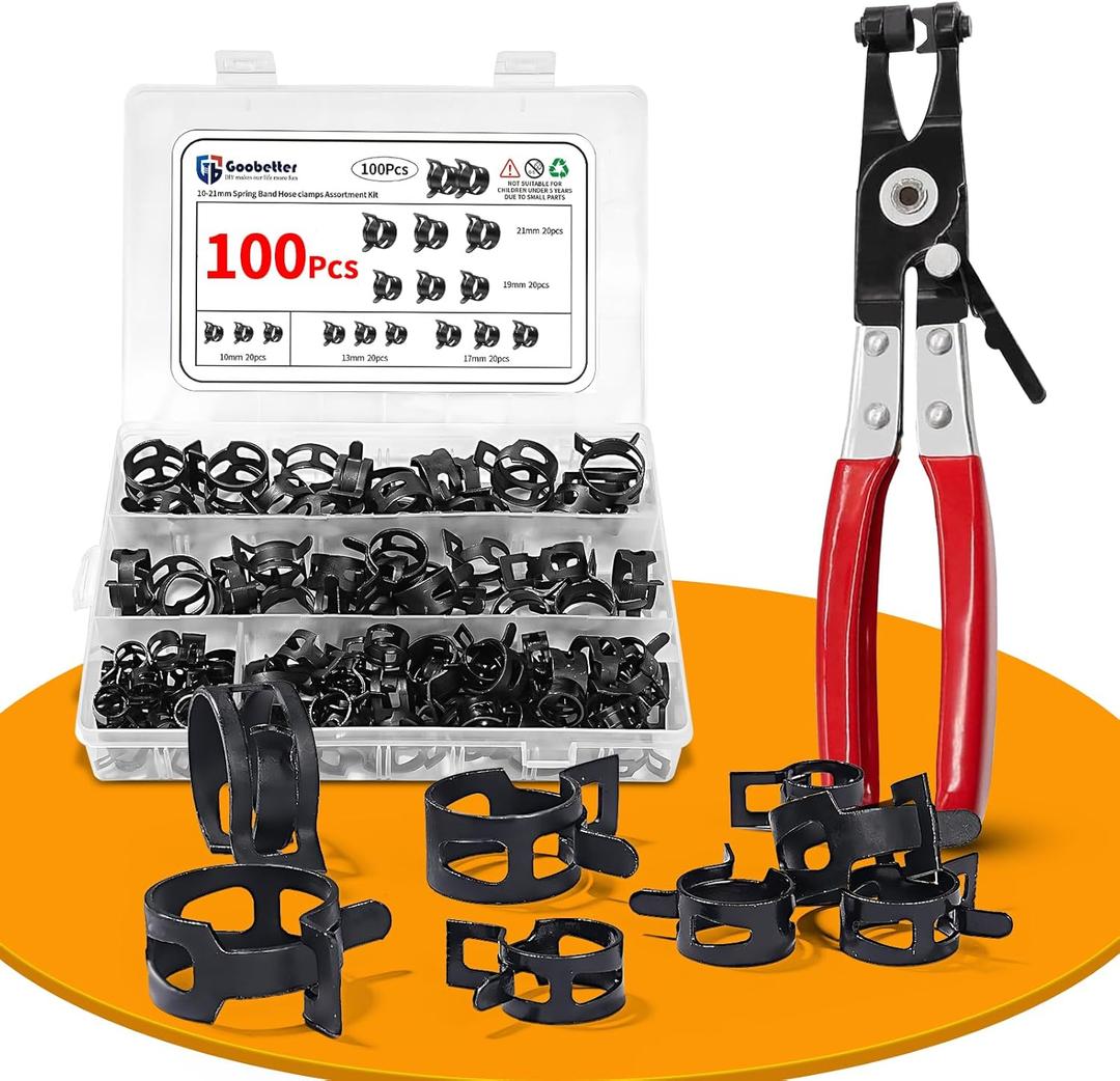 100Pcs Spring Hose Clamps 10-21mm 5 Sizes, Fuel Line Water Pipe Air Tube Silicone Vacuum Clamp with Pliers, Low Pressure Durable Fastener for Automotive & Plumbing