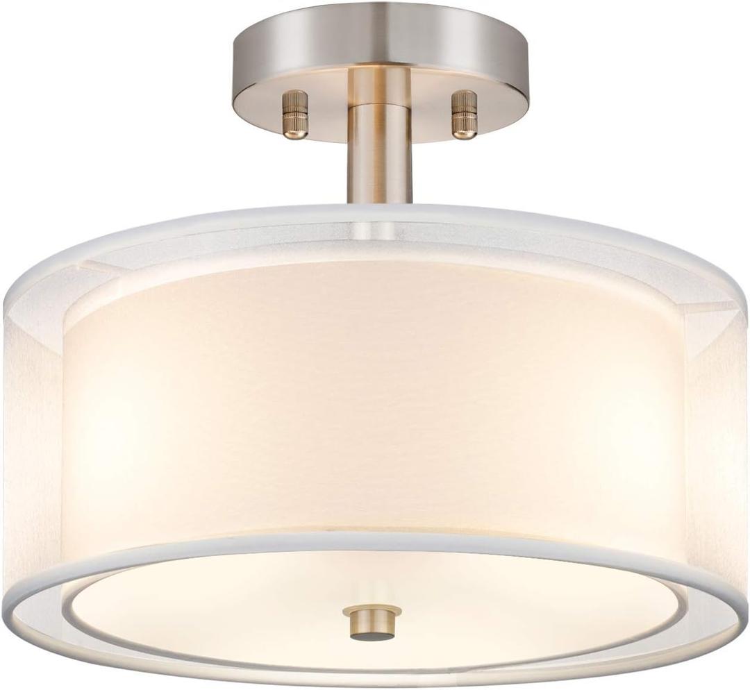 FOLKSMATE 3-Light Semi Flush Mount Ceiling Light Fixture, Drum Light with Double Fabric Shade, Modern Close to Ceiling Lamps for Dining Room Kitchen (White)