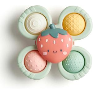 Itzy Ritzy Pop & Whirl – Fidget Spinner Travel & Bath Toy for Babies & Toddlers – Fidget w/ Textured Silicone Popper to Develop Fine Motor Skills –Sticks to Highchairs, Tables, Tubs, More (Strawberry)